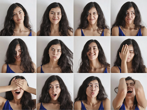 A group of photos showing a woman with multiple facial expressions icon